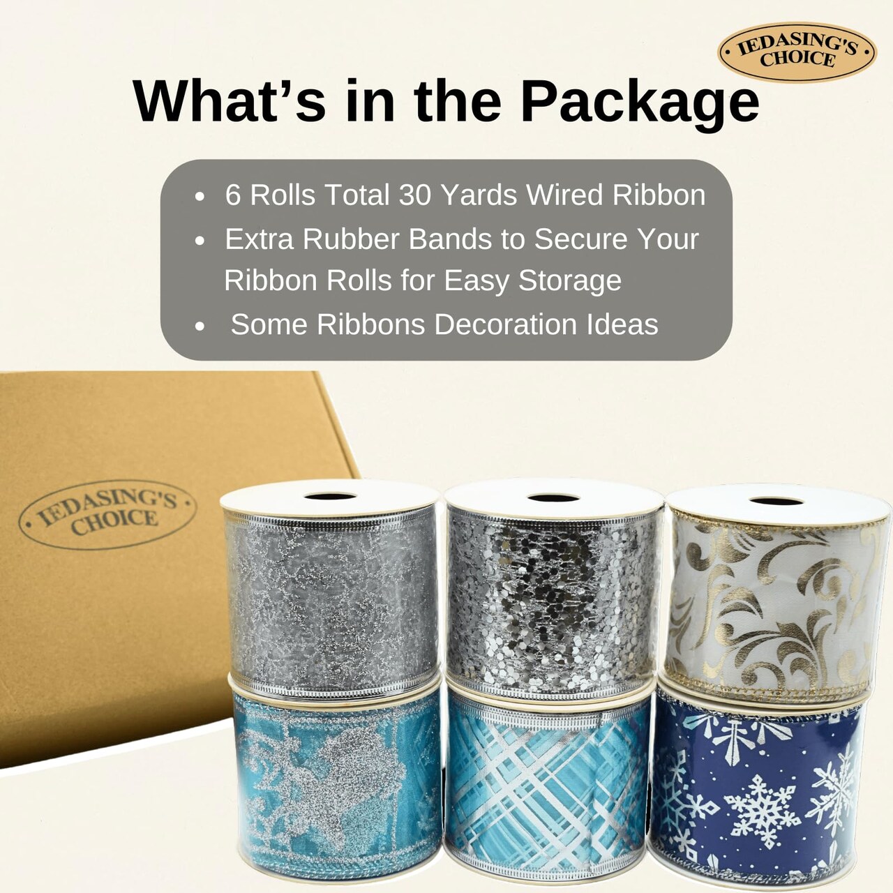 Christmas Ribbon Wired 2.5 Inches 6 Rolls 30 Yards Holiday Burlap Mesh Organza Glitter Ribbons for Christmas Tree Wreath Garland and Home Decor (Winter Blue & Silver)